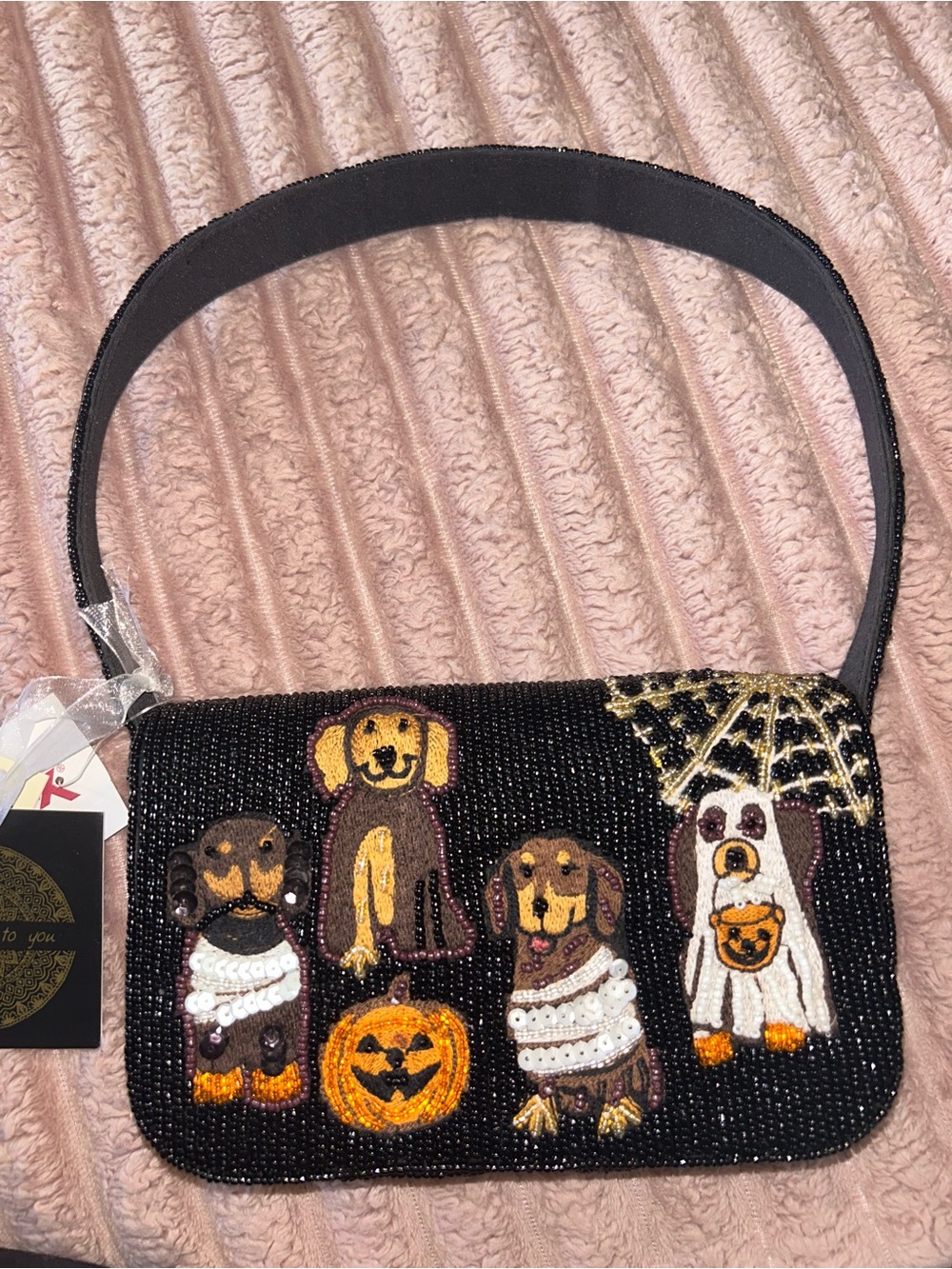 Black Beaded Halloween Dog Crossbody Bag